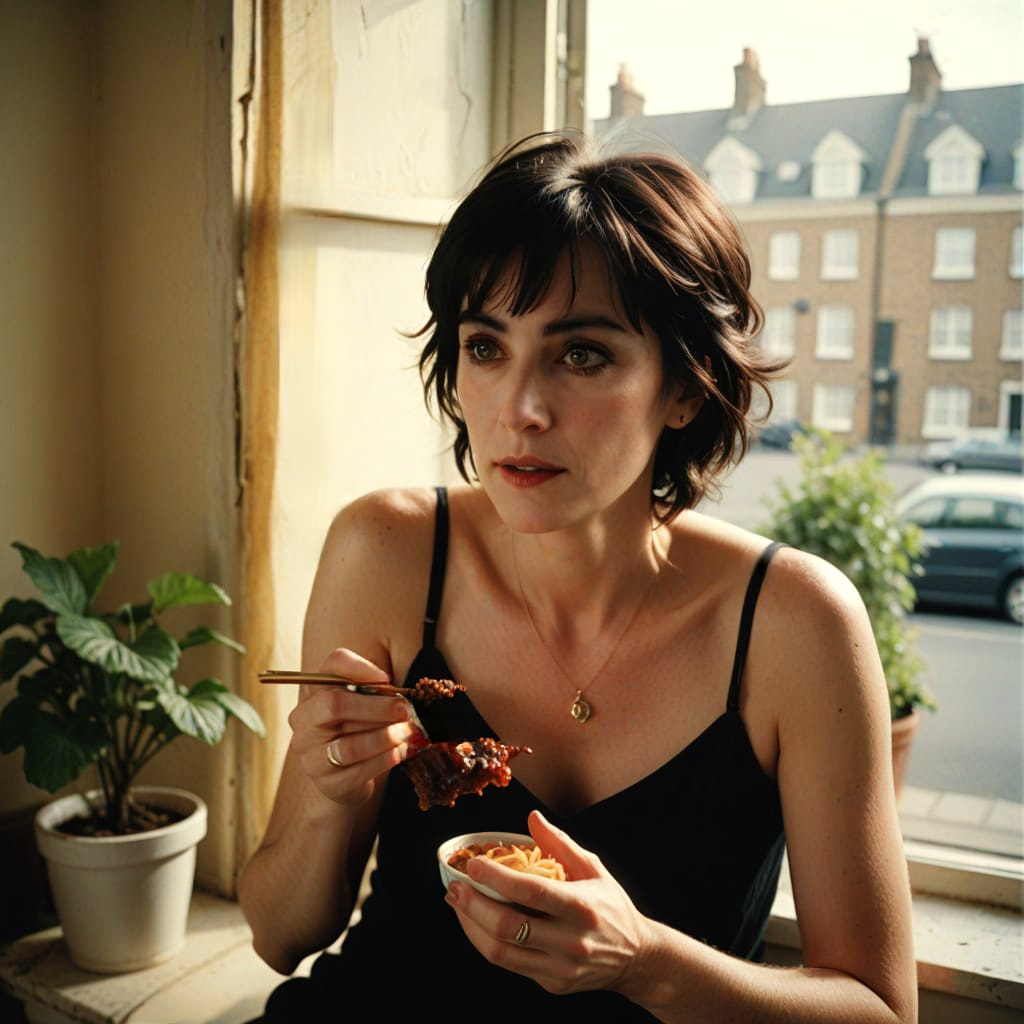 Enya by a window in a London apartment summer late 2000s holding a snack