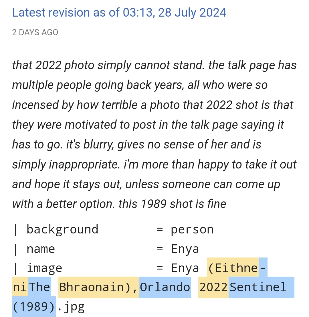 Interesting change to Enya's Wikipedia photo late July 2024 :-D